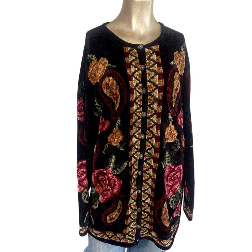 Vintage Portraits by Northern Isles Chenille Embroidered Cardigan Sweater Size M